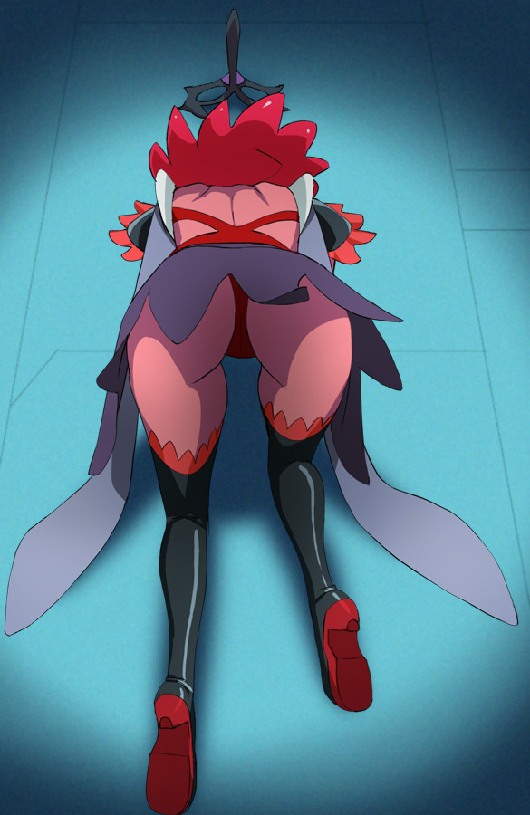 1girl archived_source ass black_mask black_thighhighs colored_skin full_body haruyama_kazunori long_hair mask precure red_hair red_skin solo star_twinkle_precure tenjou_(precure) thighhighs