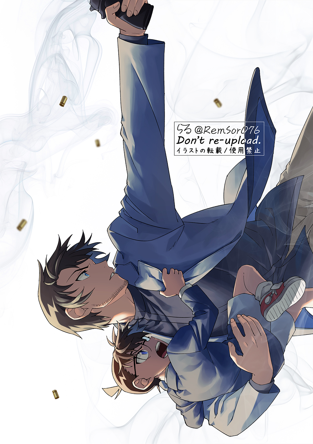 2boys aiming black_shirt blazer blue_eyes blue_jacket blurry brown_hair brown_pants carrying carrying_person child commentary_request dated_commentary depth_of_field edogawa_conan english_text facial_hair firing floating_clothes floating_hair from_side glasses grey_jacket grey_shorts gripping_clothes gun handgun highres holding holding_gun holding_weapon jacket looking_ahead male_focus meitantei_conan multiple_boys open_clothes open_jacket open_mouth pants parted_lips red_footwear remsor076 scotch_(meitantei_conan) shell_casing shirt shoes short_hair shorts signature smoke sneakers twitter_username weapon white_background