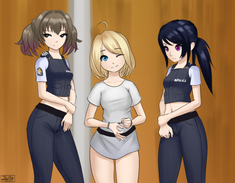 3girls artist_request blonde_hair breasts brenton_tarrant cuffs dress female_focus gender_request genderswap handcuffs jay156 multiple_girls navel pants police real_life shirt standing tagme terrorist