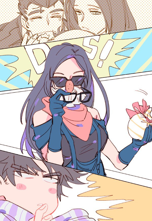 ^^^ baby battle_tendency black_hair blush_stickers brown_hair father_and_son groucho_glasses george_joestar_ii gift glasses jojo_no_kimyou_na_bouken joseph_joestar joseph_joestar_(young) mask mother_and_son parent_and_child red_scarf scarf senzzang striped_clothes striped_scarf sunglasses surprised