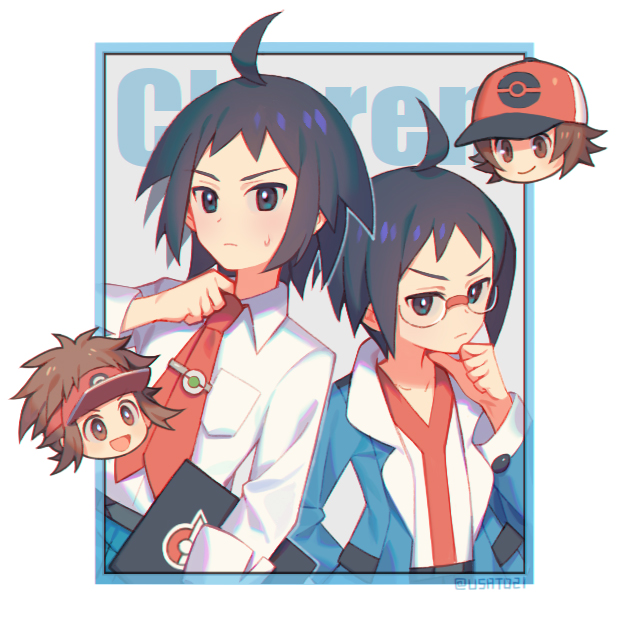 4boys age_comparison ahoge black_eyes black_hair blue_jacket brown_eyes brown_hair character_name cheren_(pokemon) closed_mouth collared_shirt dual_persona glasses hat hilbert_(pokemon) jacket long_sleeves looking_at_viewer multiple_boys nate_(pokemon) necktie nintendo open_clothes open_jacket pokemon pokemon_bw pokemon_bw2 red_hat red_necktie shirt short_hair sweatdrop twitter_username visor_cap white_shirt wusagi2
