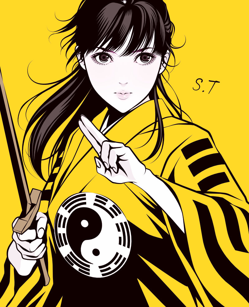 1girl black_hair character_request closed_mouth commentary_request copyright_request eyelashes fighting_stance fingernails holding holding_sword holding_weapon japanese_clothes kimono limited_palette lips long_hair looking_at_viewer pale_skin pink_eyes signature solo spot_color sword takanashi_shin upper_body weapon wide_sleeves wooden_sword yellow_background yellow_kimono yin_yang yin_yang_print