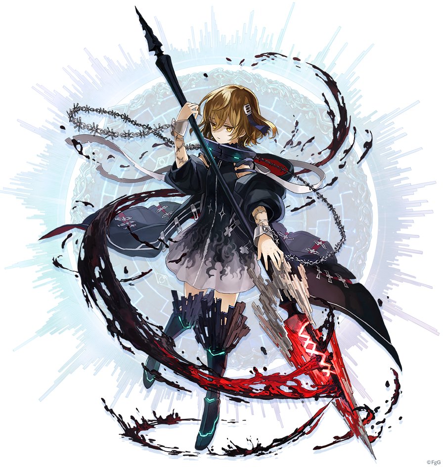 1girl armored_boots black_boots black_dress black_jacket black_killers_(phantom_of_the_kill) boots bracelet brown_eyes brown_hair chain closed_mouth collar commentary_request cuffs dark_persona dress full_body glowing glowing_weapon hair_ornament holding holding_polearm holding_weapon hood hooded_jacket jacket jewelry longinus_(phantom_of_the_kill) looking_at_viewer official_art phantom_of_the_kill polearm second-party_source simple_background solo standing ta_ga_tame_no_alchemist transparent_background watarubou weapon