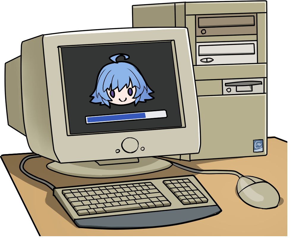 ahoge artist_request blue_eyes blue_hair chibi chibi_only chinese_commentary computer computer_keyboard computer_mouse eniac_(neural_cloud) girls&#039;_frontline girls&#039;_frontline_neural_cloud long_hair monitor official_art progress_bar second-party_source smile twintails
