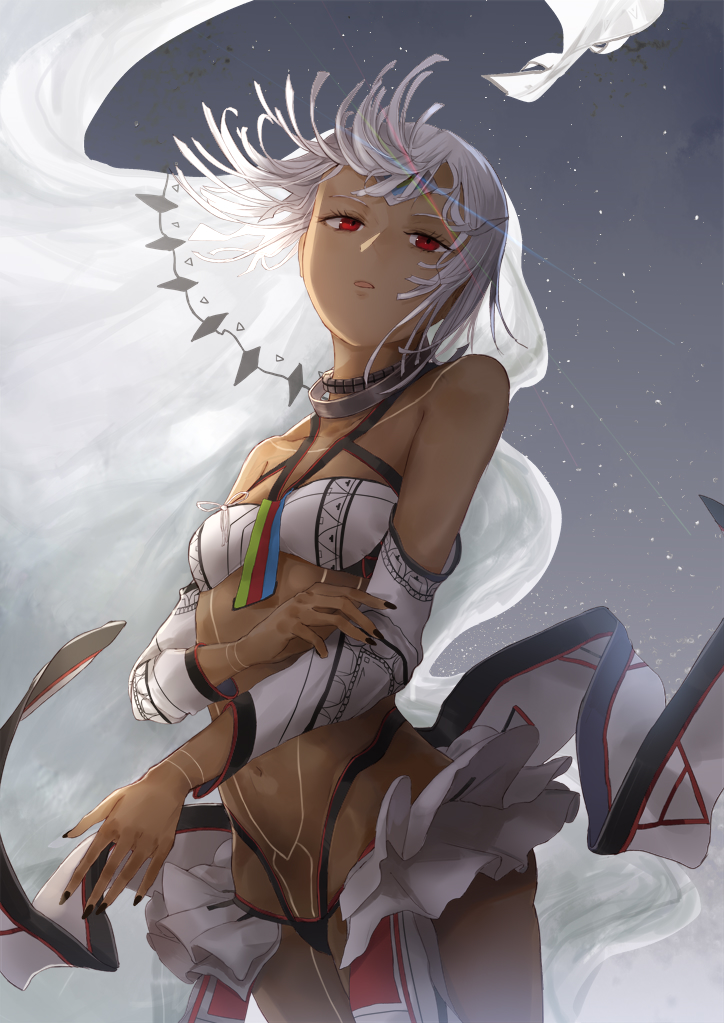 10s 1girl altera_(fate) bandeau bare_shoulders black_nails black_panties breasts collarbone cowboy_shot dark-skinned_female dark_skin detached_sleeves fate/extella fate/extra fate_(series) female_focus floating_hair full-body_tattoo grey_background grey_hair half-closed_eyes halterneck head_tilt kachi leg_tattoo legs_together light_rays looking_at_viewer nail_polish navel panties parted_lips print_sleeves pubic_tattoo red_eyes short_hair showgirl_skirt skirt small_breasts solo standing stomach stomach_tattoo tattoo underwear weapon white_bandeau white_skirt wind