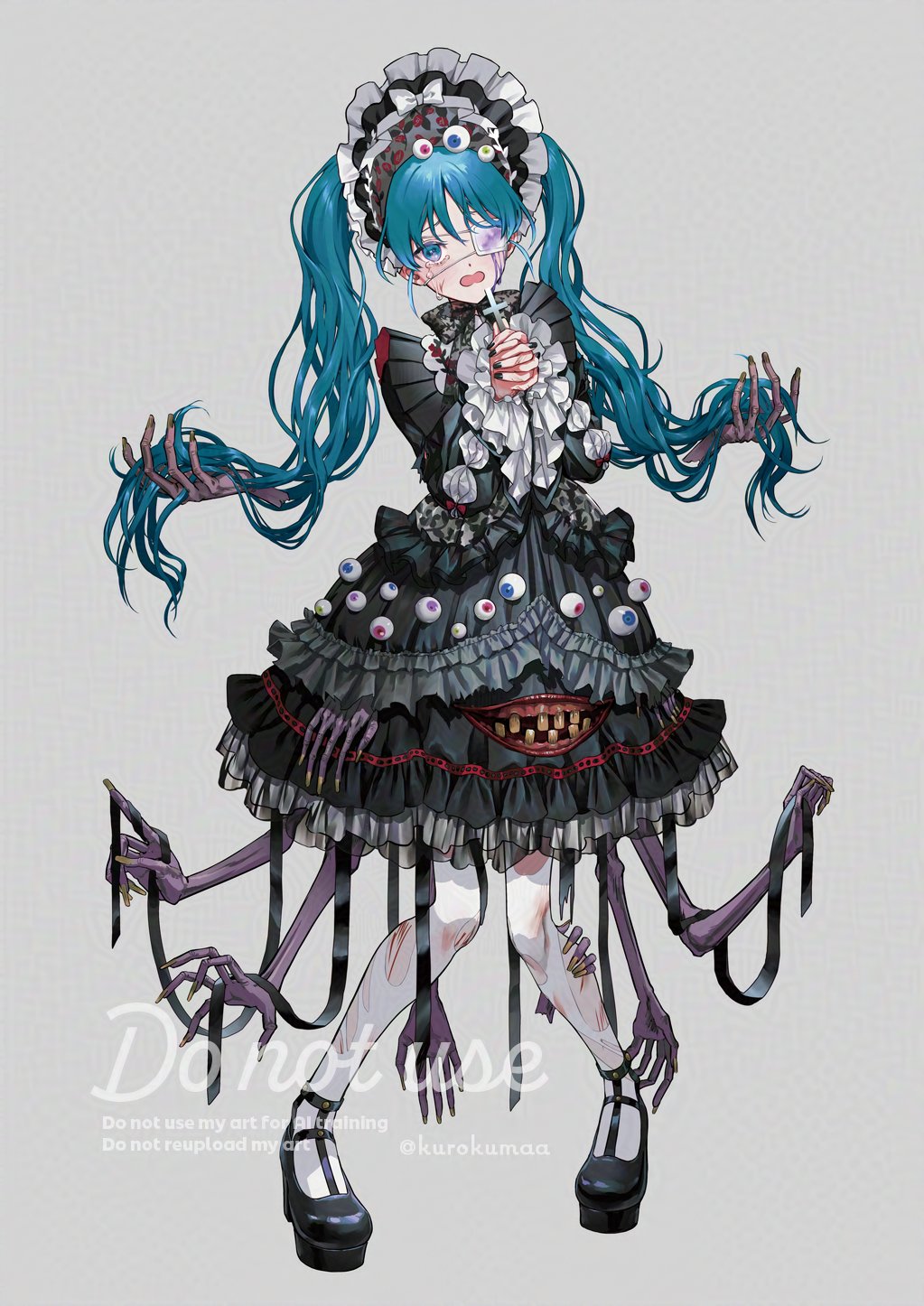 1girl aqua_eyes aqua_hair black_dress black_shoes blue_eyes blue_hair bonnet colored_teeth cross crying dress eyeball_hair_ornament eyepatch frilled_bonnet frilled_dress frilled_sleeves frills grey_background gurokawa hair_ornament hatsune_miku highres holding holding_cross knees_together_feet_apart long_hair looking_at_viewer makkuro medical_eyepatch open_mouth pantyhose platform_heels scared severed_arm severed_head severed_limb shoes simple_background solo torn_clothes torn_pantyhose twintails vocaloid watermark white_pantyhose yellow_teeth