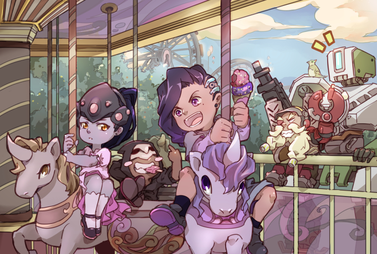 2boys 2girls aged_down amusement_park bastion_(overwatch) carousel child commentary_request dsprite23 ferris_wheel food holding holding_food holding_ice_cream holding_ice_cream_cone humanoid_robot ice_cream ice_cream_cone middle_finger multiple_boys multiple_girls multiple_scoops outdoors overwatch popsicle reaper_(overwatch) robot sombra_(overwatch) torbjorn_(overwatch) tree widowmaker_(overwatch)