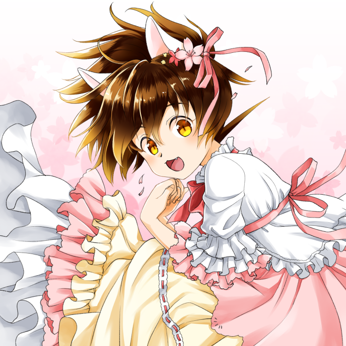 1boy animal_ears brown_hair cat_ears chigayasan commentary_request crossdressing dress fang frilled_sleeves frills hair_between_eyes ikusabe_wataru kemonomimi_mode looking_at_viewer male_focus mashin_eiyuuden_wataru open_mouth pink_background pink_dress pink_ribbon ribbon short_hair slit_pupils solo trap yellow_eyes