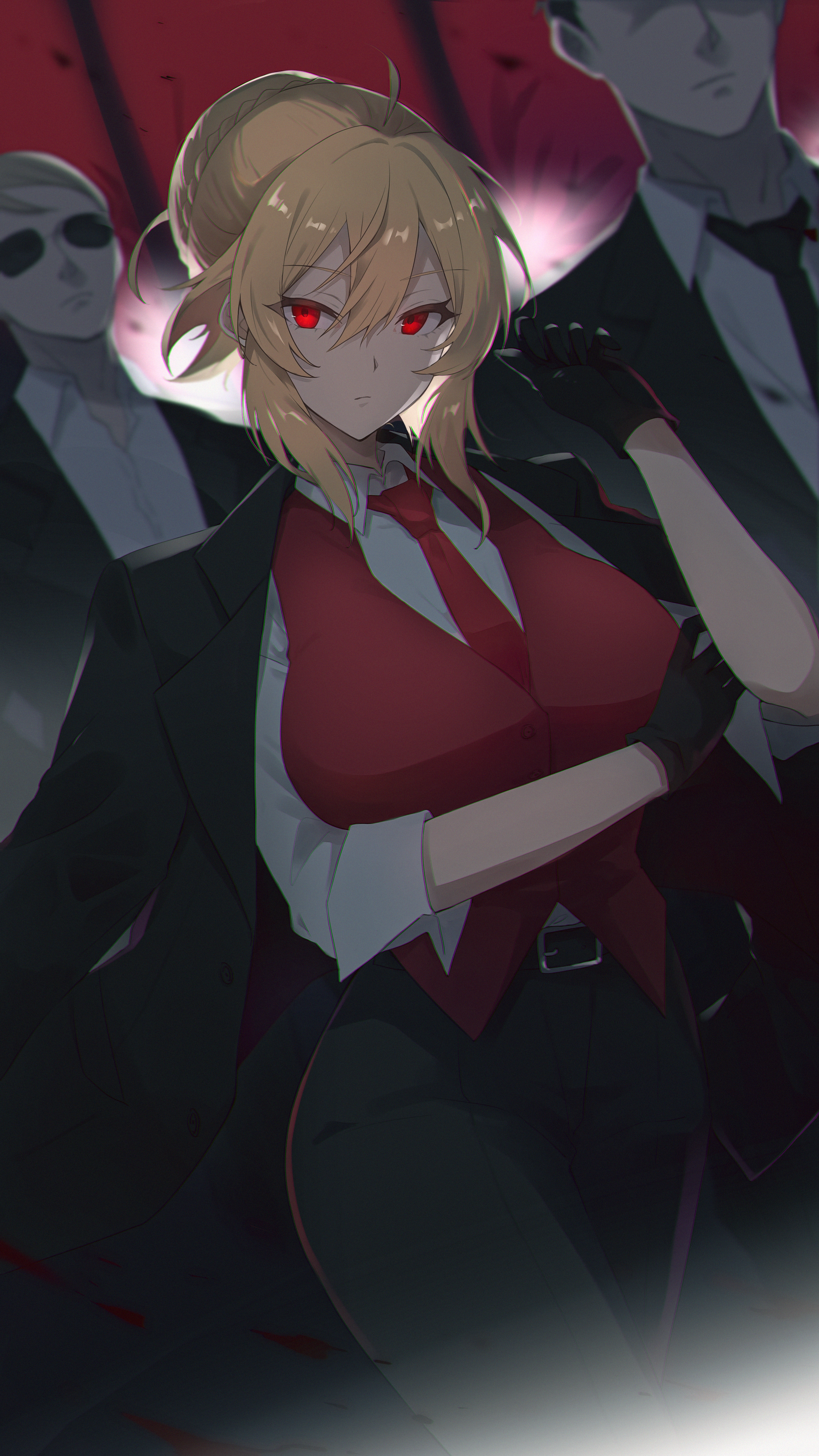 1girl 2boys absurdres angelica_rapha_redgrave black_coat black_gloves black_pants blonde_hair braid braided_bun breasts coat commission gloves hair_bun highres jacket large_breasts looking_at_viewer multiple_boys neu_(musyoku-neet) otome_game_sekai_wa_mob_ni_kibishii_sekai_desu pants pixiv_commission red_eyes red_jacket