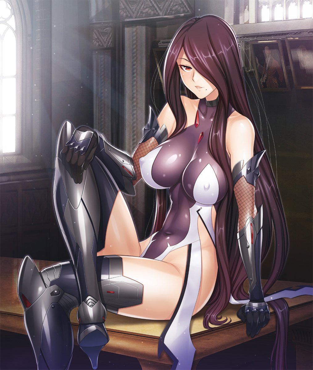 00s 1girl :d arm_support arm_up armor armpits ass bare_shoulders black_boots boots breasts breasts_out brown_hair choker collarbone covered_collarbone covered_navel crossed_legs day desk detached_sleeves elbow_gloves female_focus fishnets floor from_side fuuma_saika gem gloves greaves hair_over_one_eye halterneck hand_on_leg high_heel_boots high_heels highleg highleg_leotard hip_focus impossible_clothes indoors large_breasts legs leotard light_particles light_rays lilith-soft linea_alba lipstick long_hair looking_at_viewer makeup midriff mole mole_under_mouth navel nipples no_bra official_art on_desk open_mouth orange_eyes painting_(action) parted_lips pink_lips portrait puffy_nipples red_eyes shiny_clothes shiny_skin sidelocks sitting skin_tight smile solo straight_hair sunbeam sunlight table taimanin_(series) taimanin_asagi taimanin_asagi_kessen_arena thigh_boots thighhighs tight_clothes turtleneck vambraces very_long_hair window wings wooden_floor wooden_table zol