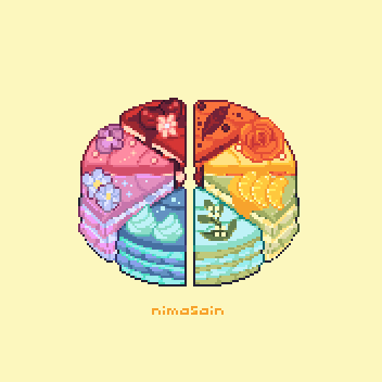 artist_name blue_flower cake cake_slice color_wheel_challenge colorful commentary english_commentary flower food food_focus fruit green_background lowres multiple_drawing_challenge nimasain no_humans orange_(fruit) orange_slice original pink_flower pixel_art red_flower rose simple_background
