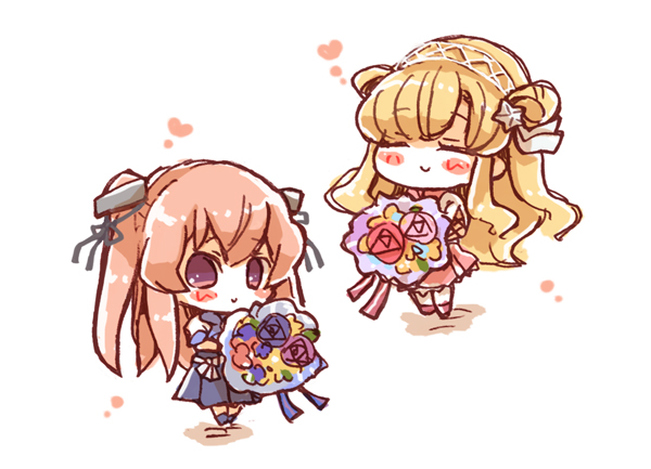2girls blonde_hair blush_stickers bouquet brown_eyes chibi commentary_request double_bun dress fletcher_(9th_anniversary)_(kancolle) fletcher_(kancolle) flower hair_bun hair_ornament hairband heart holding holding_bouquet johnston_(anniversary)_(kancolle) johnston_(kancolle) kantai_collection light_brown_hair long_hair miko_(35nikomi) multiple_girls purple_eyes star_(symbol) star_hair_ornament two_side_up