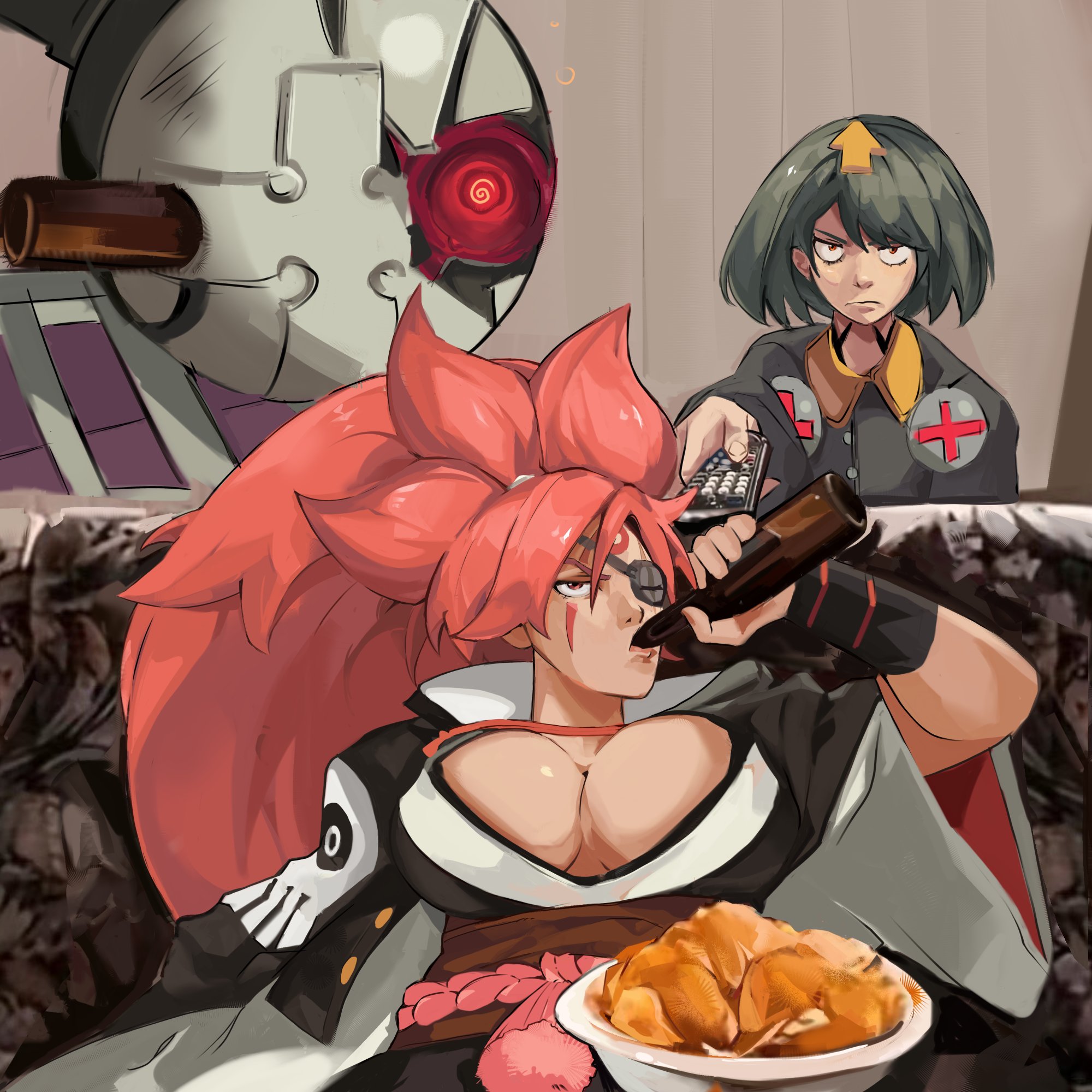 2girls alcohol amputee angry arrow_(symbol) arrow_hair_ornament baiken bedman? beer beer_bottle big_hair black_dress black_kimono bolt_(hardware) bowl breasts brown_sash chips_(food) commentary controller couch cropped_legs delilah_(guilty_gear) dress drinking english_commentary eyepatch facial_tattoo food frown green_hair guilty_gear guilty_gear_strive highres holding holding_remote_control huge_breasts indoors japanese_clothes kimono long_sleeves looking_at_viewer man_watching_tv_(meme) meme multicolored_kimono multiple_girls nateflotas non-humanoid_robot obi one-eyed open_clothes open_kimono photo_background pink_hair red_eyes remote_control robot rope samurai sash scar scar_across_eye scar_on_face shimenawa short_hair sitting skull_print tattoo white_kimono yellow_eyes