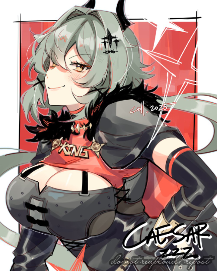 1girl black_gloves black_leotard blush breasts caesar_king_(zenless_zone_zero) cleavage closed_mouth coll_(erichankun) elbow_gloves gloves grey_hair hand_on_own_hip large_breasts leotard long_hair looking_at_viewer one_eye_closed smile solo white_background yellow_eyes zenless_zone_zero