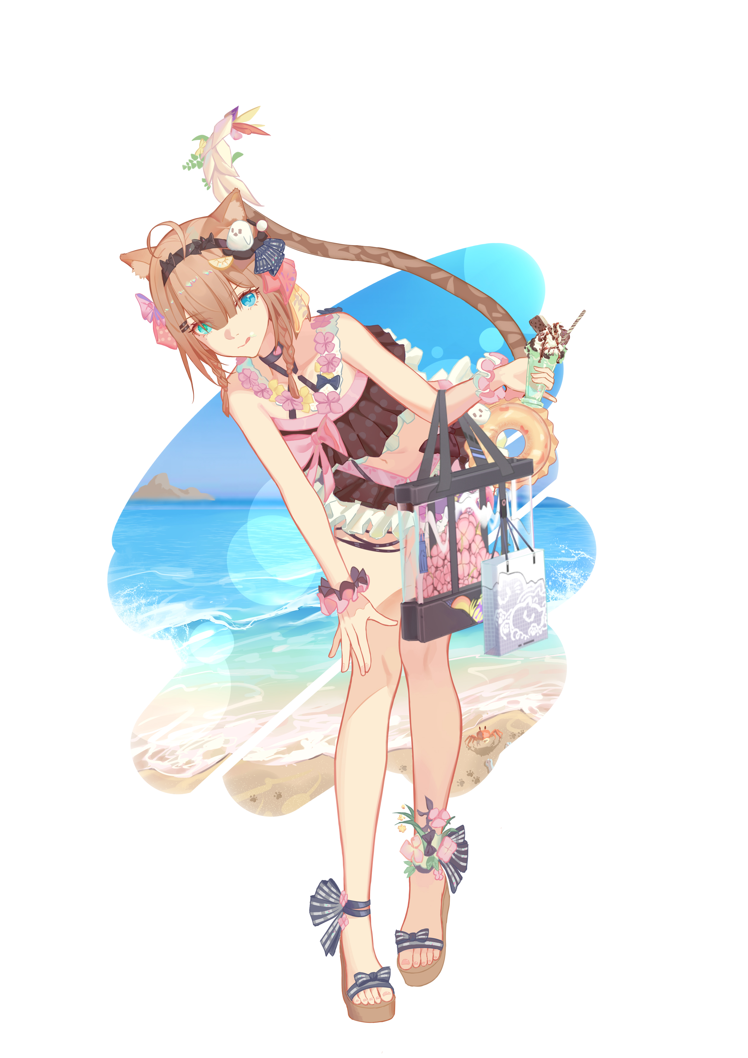 1girl absurdres animal_ears bag bare_legs bare_shoulders bikini black_bikini blue_eyes braid brown_hair cat_ears cat_girl cat_tail comet-c elbow_carry food frilled_bikini frills green_eyes hair_ornament heterochromia highres holding holding_bag holding_food holding_ice_cream honkai_(series) honkai_impact_3rd ice_cream midriff navel ocean official_alternate_costume pardofelis pardofelis_(midsummer_collector) platform_sandals sand sandals scrunchie short_hair solo summer swimsuit tail toes tongue tongue_out twin_braids white_background wrist_scrunchie