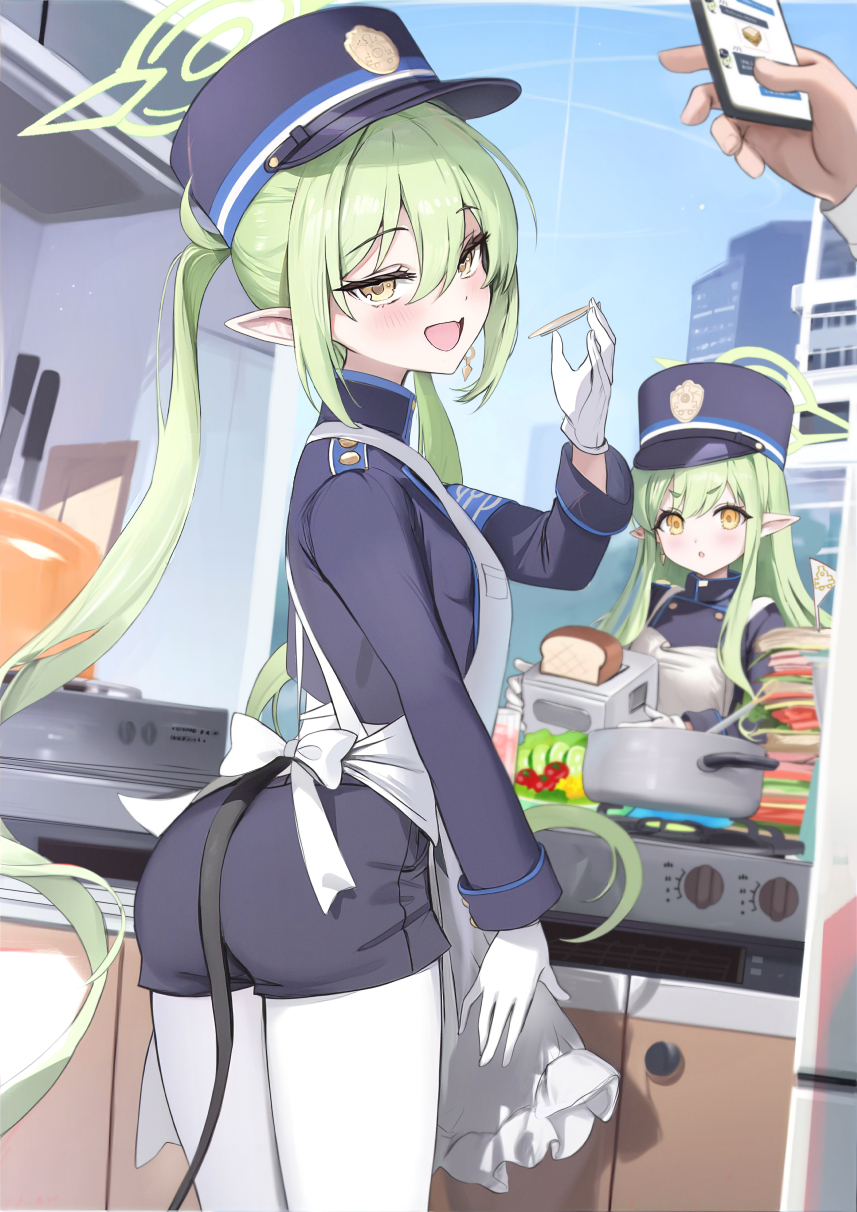 2girls apron armband ass blue_archive blush breasts cellphone demon_tail gloves green_hair halo hat highres hikari_(blue_archive) houraku kitchen long_hair long_sleeves looking_at_viewer looking_back multiple_girls nozomi_(blue_archive) open_mouth peaked_cap phone pointy_ears siblings sisters smile stove tail thighs twintails white_apron yellow_eyes