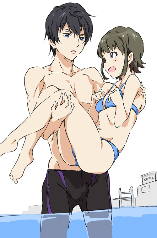 1boy 1girl bikini black_hair black_jammers black_male_swimwear blue_bikini brown_hair free! hayashida_airi jammers male_swimwear nanase_haruka pool swimsuit umanosuke wake_up_girls!