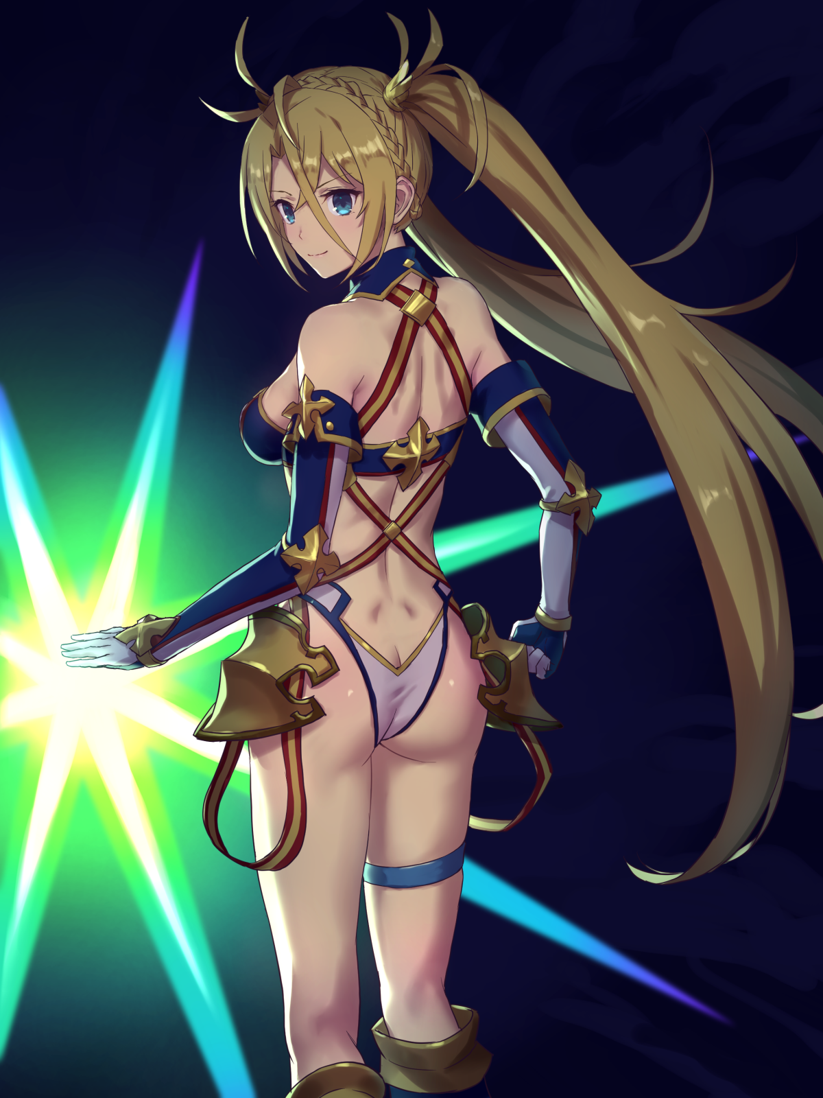1girl armor ass back bare_shoulders bikini blonde_hair blue_bikini blue_eyes blue_gloves blush bradamante_(fate) bradamante_(third_ascension)_(fate) braid breasts butt_crack crown_braid dimples_of_venus elbow_gloves energy_barrier energy_shield fate/grand_order fate_(series) faulds gloves highleg highres large_breasts long_hair looking_at_viewer looking_back multicolored_bikini shouhei smile solo swimsuit thigh_strap thighs twintails two-tone_bikini two-tone_gloves very_long_hair white_bikini white_gloves