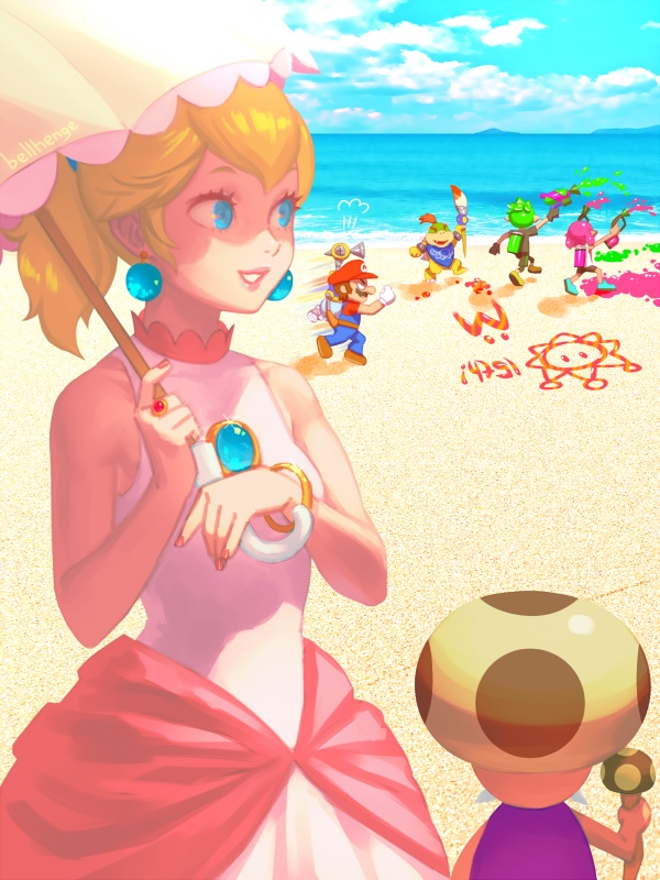 2girls 4boys beach beach_umbrella bellhenge bike_shorts blonde_hair blue_eyes crossover crown day dress f.l.u.d.d. facial_hair hat ink_tank_(splatoon) inkling inkling_boy inkling_girl inkling_player_character mario mario_(series) multiple_boys multiple_girls mushroom mustache nintendo outdoors pink_dress pointy_ears princess_peach princess_peach_(sunshine) sky smile splatoon_(series) splatoon_2 splattershot_(splatoon) super_mario_sunshine tentacle_hair toad_(mario) toadsworth umbrella water