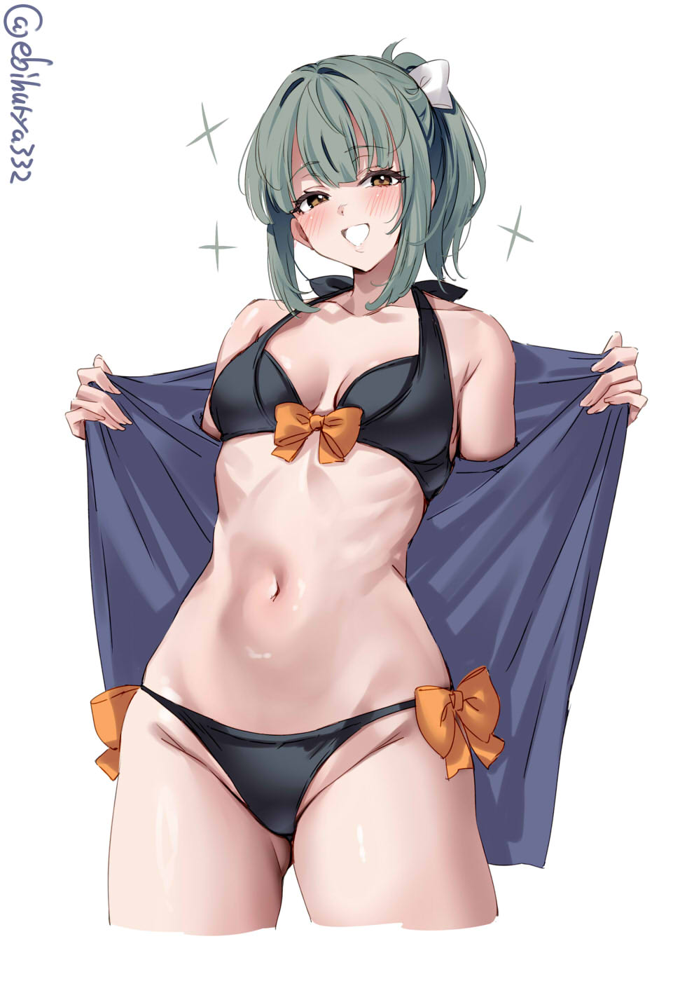 1girl artist_name bikini black_bikini blush bow bow_bikini breasts brown_eyes collarbone commentary_request cropped_legs ebifurya gluteal_fold green_hair groin hair_between_eyes hair_bow hair_intakes hands_up highres kantai_collection long_hair looking_at_viewer medium_breasts navel official_alternate_costume one-hour_drawing_challenge opened_by_self orange_bow ponytail side-tie_bikini_bottom sidelocks simple_background small_breasts smile solo stomach swimsuit thighs twitter_username white_background yuubari_(kancolle) yuubari_kai_ni_(kancolle) yuubari_kai_ni_(swimsuit)_(kancolle)