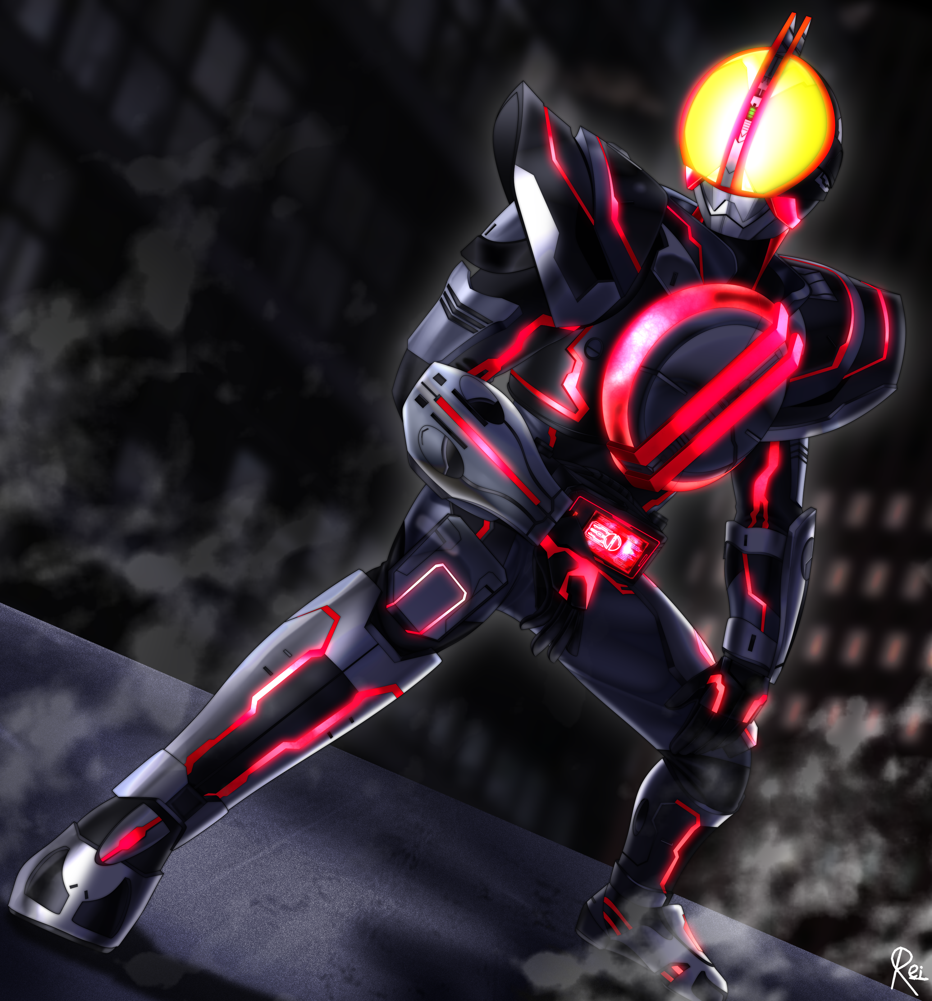 1boy absurdres armor armored_bodysuit belt black_armor bodysuit broad_shoulders chest_armor rider_belt faiz_driver full_body glowing glowing_eyes glowing_lines helmet highres kamen_rider kamen_rider_555 kamen_rider_555:_paradise_regained kamen_rider_faiz kamen_rider_next_faiz male_focus power_armor reiei_8 rider_belt shoulder_armor solo squatting tokusatsu yellow_eyes