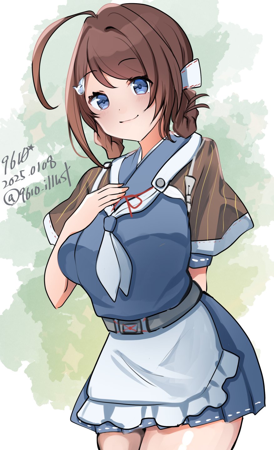 1girl 9610_(kuroto) ahoge apron artist_name blue_serafuku blue_skirt braid braided_hair_rings breasts brown_hair brown_shawl chougei_(kancolle) cowboy_shot dated grey_eyes hair_ornament hair_rings hand_on_own_chest highres kantai_collection large_breasts long_hair neckerchief one-hour_drawing_challenge pleated_skirt school_uniform serafuku shawl skirt solo twin_braids twitter_username whale_hair_ornament white_apron white_neckerchief
