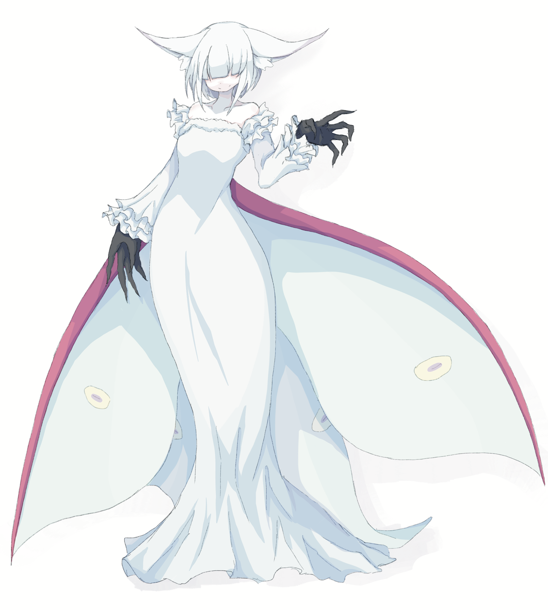 1girl 4138 animal_ear_fluff animal_ears arthropod_girl black_gloves breasts closed_mouth collarbone covered_eyes detached_sleeves dress frilled_sleeves frills full_body gloves hair_over_eyes highres insect_girl insect_wings long_dress long_sleeves moth_girl moth_wings original simple_background smile solo standing strapless strapless_dress white_background white_dress white_hair white_sleeves wings