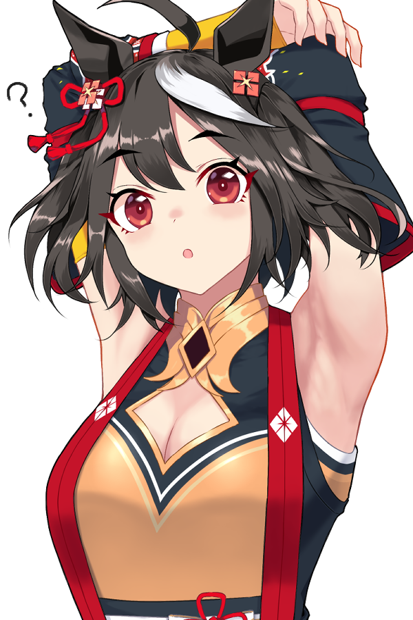 1girl :o ? animal_ears armpits arms_behind_head arms_up black_hair breasts cleavage cleavage_cutout clothing_cutout commentary_request detached_sleeves double-parted_bangs dress gold_trim hair_between_eyes hair_ornament hair_ribbon horse_ears horse_girl kitasan_black_(umamusume) large_breasts looking_at_viewer multicolored_hair obi open_mouth orange_dress red_eyes red_ribbon ribbon sash short_hair simple_background solo streaked_hair stretching tsuru_(tsubasa1993621) two-tone_hair umamusume upper_body white_background white_hair