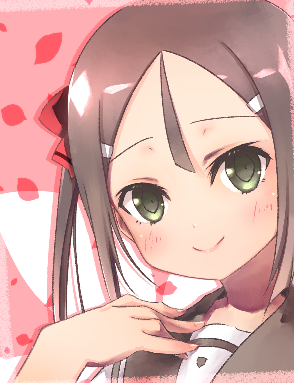 1girl blush brown_hair closed_mouth fingernails green_eyes hair_ornament hair_ribbon hairclip highres looking_at_viewer miyoshi_karin petals pink_background pokomi portrait red_ribbon ribbon sailor_collar school_uniform serafuku smile solo yuuki_yuuna_wa_yuusha_de_aru yuusha_de_aru