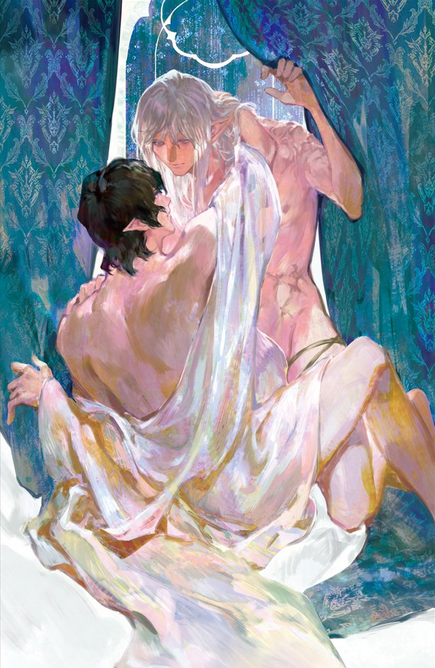2boys arm_up aymeric_de_borel black_hair blue_eyes chinese_commentary commentary_request completely_nude curtains elezen elf estinien_varlineau final_fantasy final_fantasy_xiv hair_behind_ear hand_in_another&#039;s_hair hand_on_another&#039;s_shoulder hangleing knee_up kneeling long_hair male_focus multiple_boys multiple_scars nipples nude pectorals pointy_ears scar scar_on_hip scar_on_shoulder smile white_hair yaoi