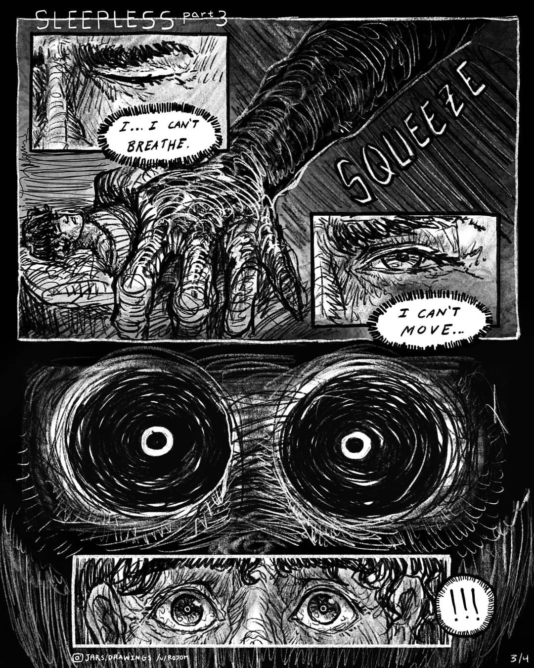 ! !! ... 1boy black_sclera bright_pupils close-up colored_sclera eldritch_abomination english_text evil_smile garfield garfield_(character) giant giant_monster grabbing greyscale highres horrified horror_(theme) jon_arbuckle jr_(jarsarts) looking_at_another looking_down monochrome monster smile title waking_up white_pupils wide-eyed
