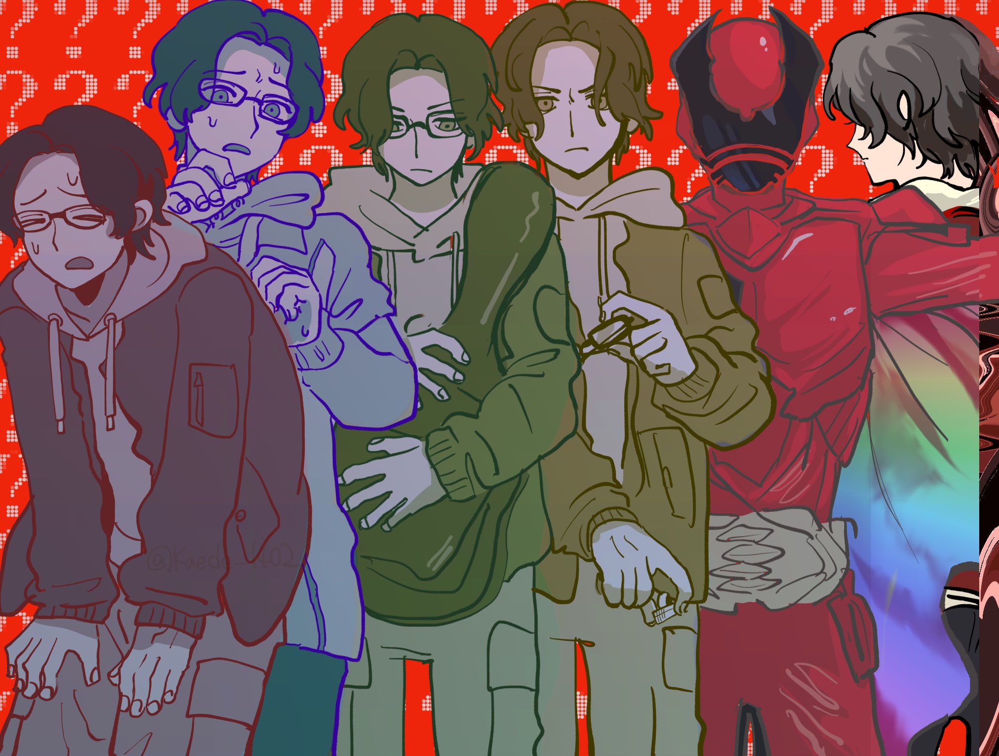2025 20s adk-em armor bandai bandai_namco buckle claws closed_eyes closed_mouth glasses highres holding holding_removed_eyewear hood hoodie jewelry kaede_1402 king kuwagata_ohger kuwagata_ohger_(universe_warrior) male_focus no.1_sentai_gozyuger ohsama_sentai_king-ohger open_mouth ? rainbow ring sentairing sentairing:_king-ohger stag_beetle super_sentai sweat toei_company tokusatsu tsumegabuckle tsutsumi_natsume tv_asahi universe_warrior unworn_eyewear