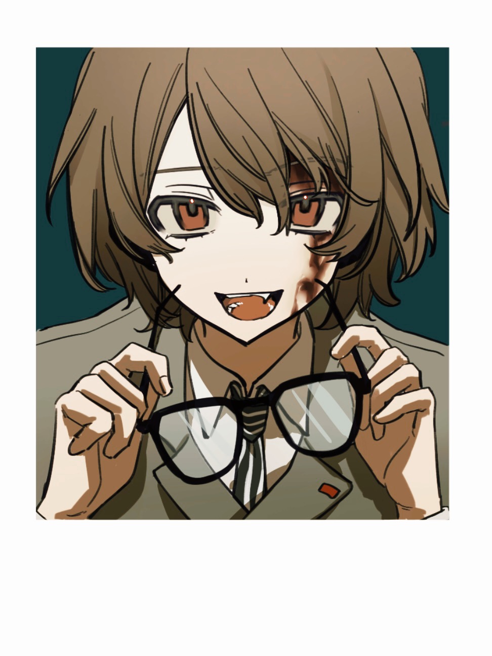 1boy akechi_gorou aqua_background black_necktie blood blood_from_forehead blood_on_face border brown_hair chinese_commentary collared_shirt commentary_request dianbo635 fang glasses grey_jacket hair_between_eyes highres holding holding_removed_eyewear jacket lapels male_focus necktie notched_lapels open_mouth persona persona_5 polaroid_photo procreate_(medium) red_eyes shirt short_hair smile solo striped_clothes unworn_eyewear vertical-striped_clothes vertical-striped_necktie white_border white_shirt