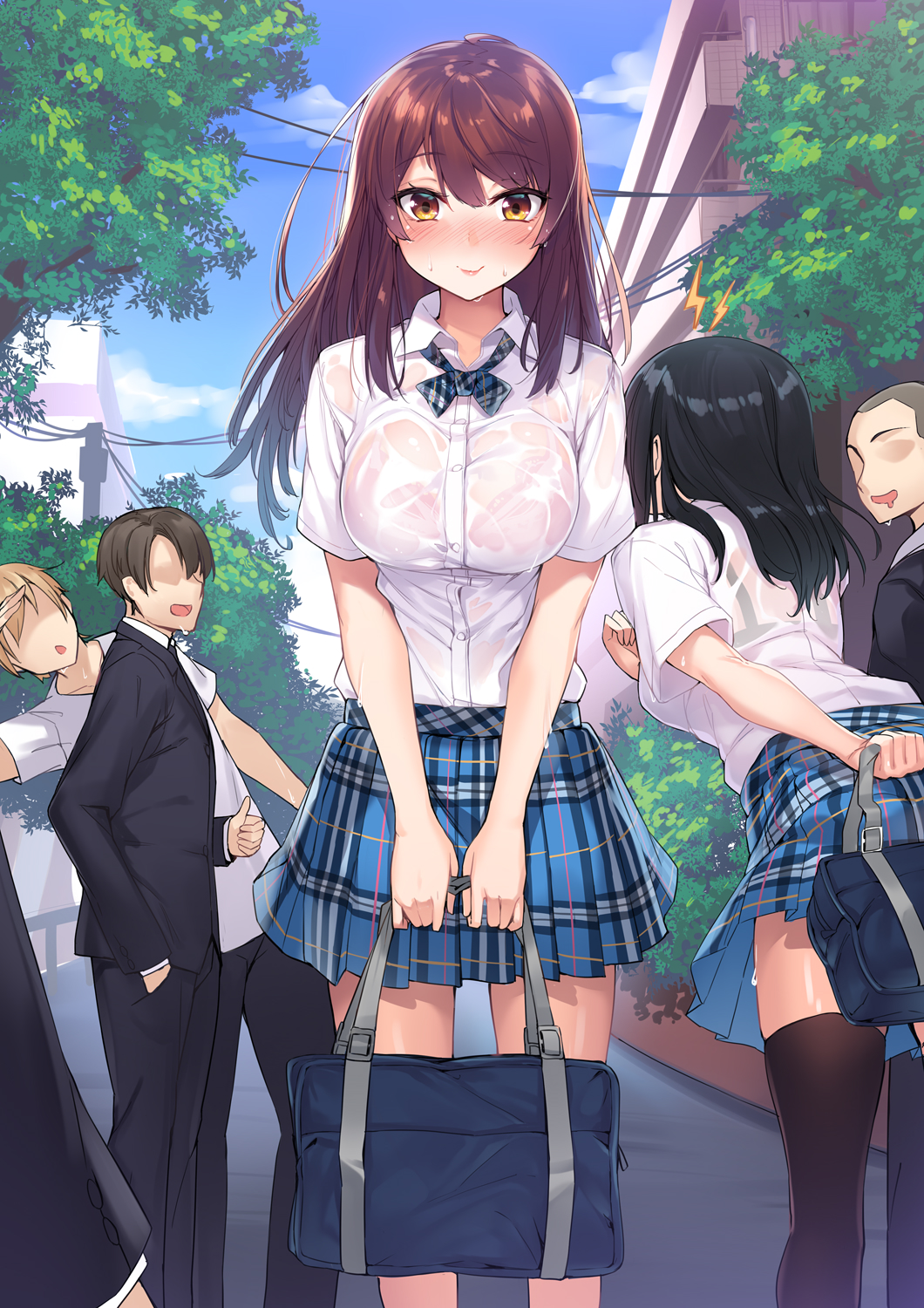 2girls 3boys bag black_bra black_hair black_pants blonde_hair blue_bow blue_neckwear blue_sky blush bow bowtie bra bra_visible_through_clothes breasts brown_hair closed_mouth collared_shirt day dress_shirt drooling faceless faceless_male hand_in_pocket highres large_breasts leaning_forward lips looking_at_viewer multiple_boys multiple_girls nose_blush original outdoors pants pink_bra plaid_bow plaid_clothes plaid_neckwear plaid_skirt pleated_skirt road school_bag school_uniform see-through_clothes shirt shirt_tucked_in short_sleeves skirt sky smile standing street thighhighs thumbs_up town tree underwear v_arms wet wet_clothes wet_shirt white_shirt wing_collar yaguo yellow_eyes zettai_ryouiki