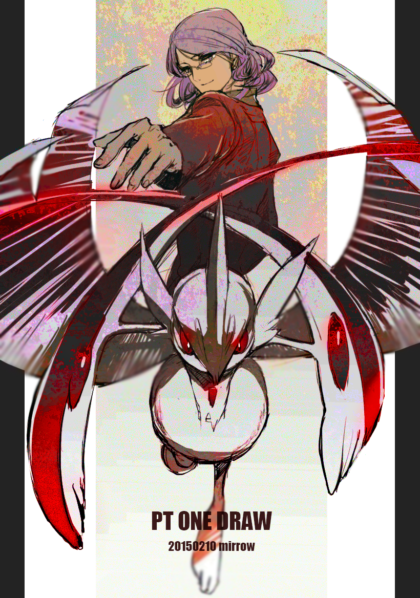 1boy gallade gen_4_pokemon glasses glowing glowing_eyes looking_at_viewer lucian_(pokemon) male_focus mega_gallade mega_pokemon mirrow96 nintendo pokemon pokemon_(creature) pokemon_dppt purple_hair red_eyes