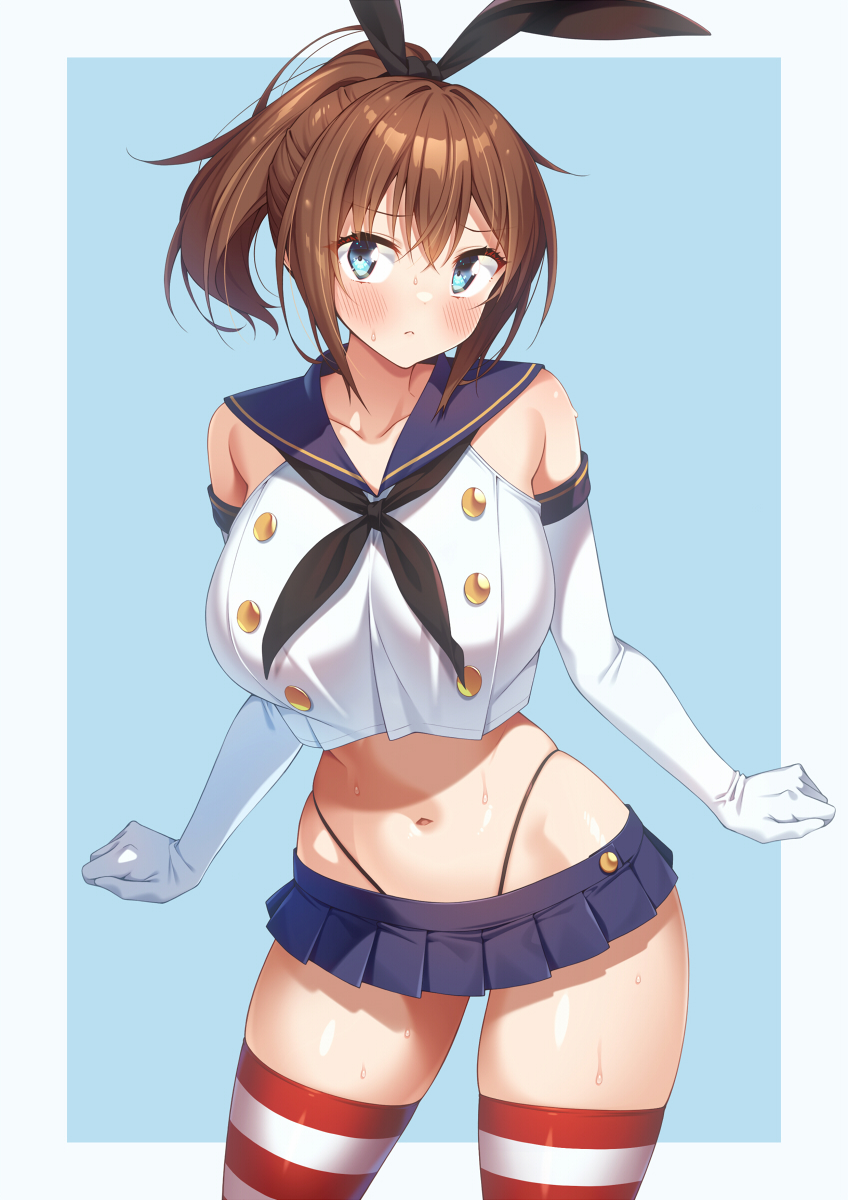 1girl amasawa_chigusa animal_ears bare_shoulders black_neckerchief blue_eyes blue_sailor_collar blue_skirt breasts brown_hair buttons cosplay cowboy_shot crop_top crop_top_overhang double-breasted elbow_gloves embarrassed fake_animal_ears frown gloves highleg highres kantai_collection kazuma_(kazumav) large_breasts long_hair looking_at_viewer microskirt midriff navel neckerchief original panty_straps pleated_skirt ponytail rabbit_ears sailor_collar school_uniform serafuku shimakaze_(kancolle) shimakaze_(kancolle)_(cosplay) shirt skirt sleeveless sleeveless_shirt solo stomach striped_clothes striped_thighhighs sweat thighhighs thighs white_gloves white_shirt zettai_ryouiki