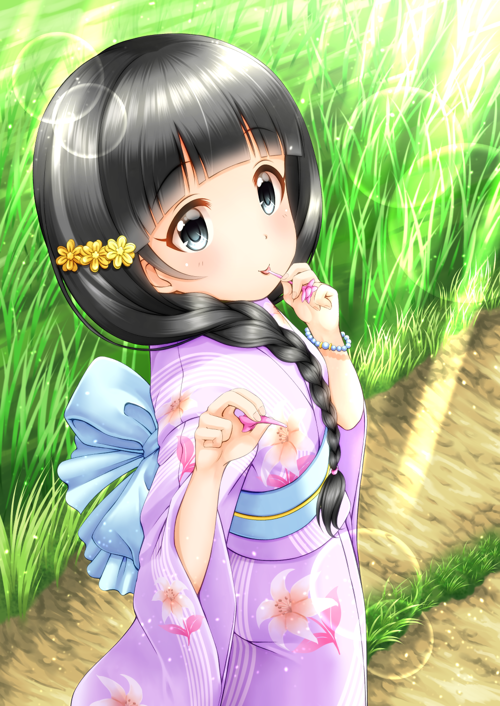 1girl back_bow black_hair blue_bow blush bow braid check_commentary closed_mouth commentary_request dress floral_print flower grass hair_flower hair_ornament hair_over_shoulder highres idolmaster idolmaster_cinderella_girls japanese_clothes kimono lens_flare long_hair long_sleeves looking_at_viewer obi outdoors print_kimono purple_kimono regular_mow revision road sash side_braid single_braid smile solo standing sunlight tongue tongue_out ujiie_mutsumi very_long_hair wide_sleeves yellow_flower