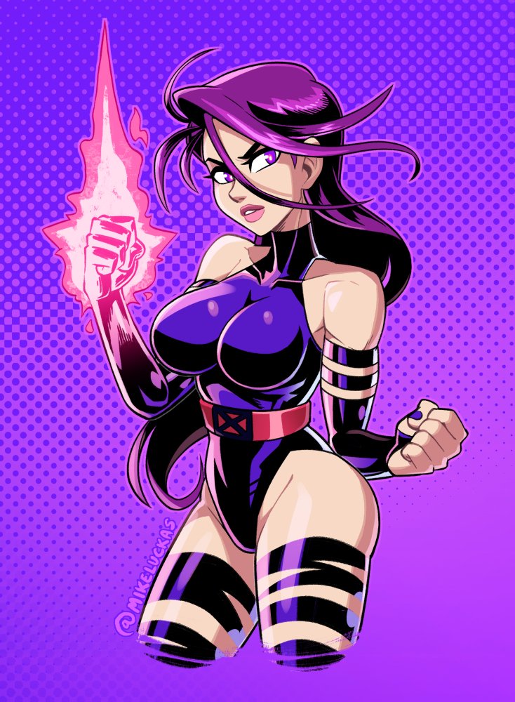 1girl breasts cameltoe clenched_hands datskelebutt elbow_gloves energy energy_sword gloves highleg highleg_leotard large_breasts leotard looking_to_the_side marvel mike_luckas psychic psylocke purple_background purple_eyes purple_hair revealing_clothes shiny_clothes shiny_skin skin_tight standing sword thighs thong_leotard twitter_username weapon wedgie x-men