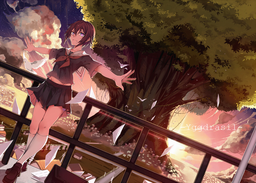 1girl ayan bag bird brown_hair dutch_angle female_focus original outstretched_arms paper pigeon pleated_skirt purple_eyes school_bag school_uniform serafuku short_hair skirt sky solo spread_arms standing text_focus tree twilight yggdrasil