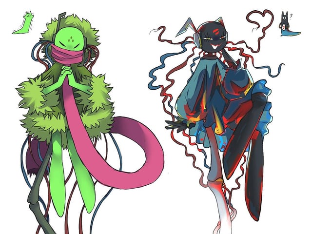 2boys antennae black_cloak black_robe black_skin blue_cloak cable cloak closed_eyes colored_skin commentary creature dots english_commentary facial_mark facial_tattoo forehead_mark forehead_tattoo fur-trimmed_cloak fur-trimmed_hood fur-trimmed_robe fur-trimmed_sleeves fur_trim green_cloak green_robe green_skin half-closed_eyes hand_up hands_up heart hood hood_up hooded_cloak hooded_robe humanoid_robot in_air interlocked_fingers inv_(rain_world) iterator_(rain_world) lipstick_mark lipstick_mark_on_face lipstick_mark_on_forehead long_sleeves male_focus mechanization midair multicolored_cloak multicolored_robe multicolored_skin multiple_boys no_humans no_nose open_mouth praying puffy_long_sleeves puffy_sleeves rain_world red_skin robe robot robot_boy robot_ears saint_(rain_world) scarf scarf_over_mouth slugcat smile tattoo white_background wire yellow_cloak yellow_robe