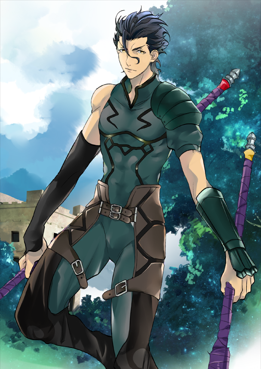 1boy armor asymmetrical_sleeves azuazuazu19 belt belt_buckle black_boots black_gloves black_hair bodysuit boots brown_belt buckle castle closed_mouth cowlick diarmuid_ua_duibhne_(fate) diarmuid_ua_duibhne_(lancer)_(fate) dual_wielding elbow_gloves fate/grand_order fate_(series) feet_out_of_frame gae_buidhe_(fate) gae_dearg_(fate) gloves green_bodysuit hair_between_eyes holding holding_polearm holding_weapon knee_up looking_to_the_side male_focus medium_hair mole mole_under_eye official_art outdoors pectorals polearm short_sleeves shoulder_armor single_bare_shoulder single_bracer single_glove sleeveless solo third-party_source toned toned_male tree variant_set weapon yellow_eyes