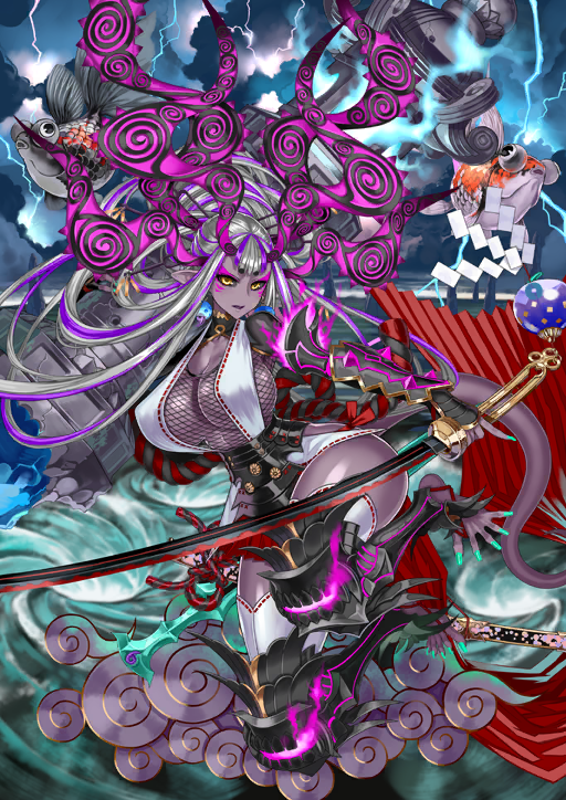 1girl animal arm_at_side arm_up armor asymmetrical_dual_wielding black_sclera black_shrug blue_background blue_fire breasts caustics center-flap_bangs cleavage cloud collared_shrug colored_sclera colored_skin curvy dual_wielding eyeshadow facial_mark fate/grand_order fate_(series) fingernails fire fish fishnet_top fishnets floating floating_hair full_body game_cg green_nails grey_hair hair_rings holding holding_sword holding_weapon honjou_raita horns huge_breasts huge_horns ibuki_douji_(fate) ibuki_douji_(malevolent_midsummer_goddess)_(fate) ibuki_douji_(swimsuit_berserker)_(fate) japanese_armor katana kusanagi_no_tsurugi_(fate) leg_armor legs_up lightning long_fingernails long_hair long_pointy_ears long_sidelocks long_toenails looking_at_viewer makeup multicolored_hair multiple_horns official_art outstretched_foot overcast parted_lips pink_eyeshadow pink_fire pinky_out pointy_ears purple_hair purple_skin red_eyes shide shrug_(clothing) sidelocks sidelocks_tied_back sky solo stirrup_legwear stone_lantern storm streaked_hair sword thighhighs third-party_source toeless_legwear toenails unsheathed variant_set waist_cape water weapon white_thighhighs