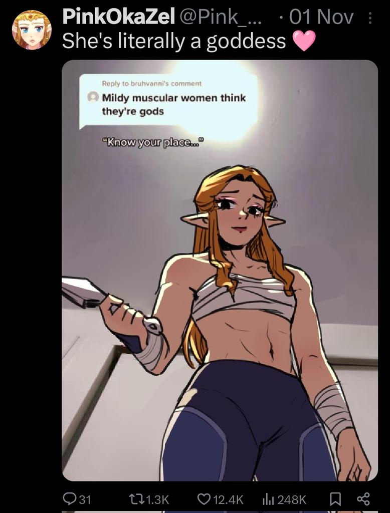 1girl asma_art blonde_hair collarbone commentary corrupted_twitter_file english_commentary fake_screenshot from_below holding holding_knife knife kunai looking_at_viewer meme midriff mildly_muscular_women_think_they&#039;re_gods_(meme) muscular muscular_female navel nintendo pants pointy_ears princess_zelda purple_pants sheik solo strapless the_legend_of_zelda the_legend_of_zelda:_ocarina_of_time tube_top weapon