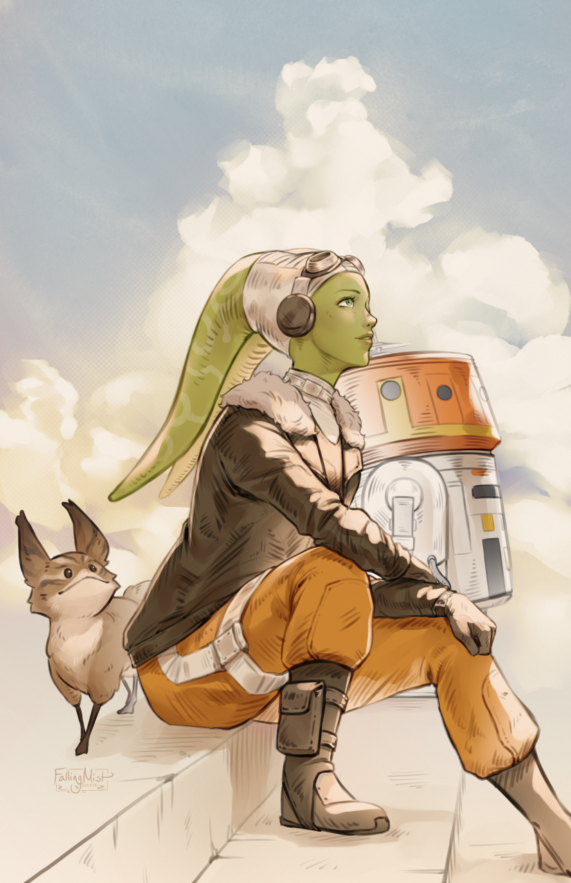 1girl alien animal boots brown_footwear brown_jacket c1-10p_chopper cloud colored_skin droid fallingmist green_eyes green_skin hera_syndulla highres jacket lekku_(anatomy) orange_pants pants sitting star_wars star_wars:_rebels twi&#039;lek
