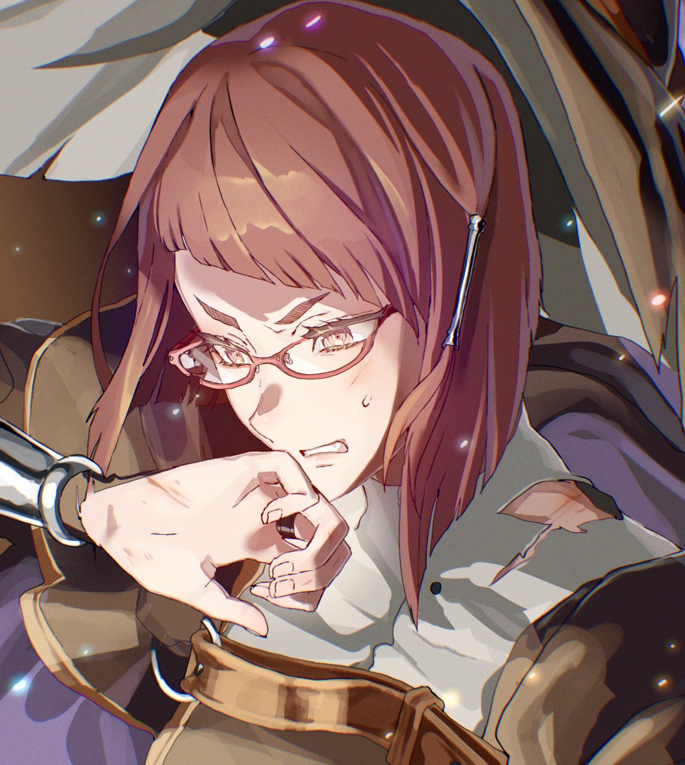 1girl belt broken_eyewear brown_eyes clenched_teeth diagonal_bangs embers eyelashes fire_emblem fire_emblem_awakening glasses grimace hair_tubes hat highres injury miriel_(fire_emblem) nintendo o-ring red-framed_eyewear red_hair scratches short_hair solo sweatdrop teeth tsujii_luki witch_hat wizard_hat wrist_guards