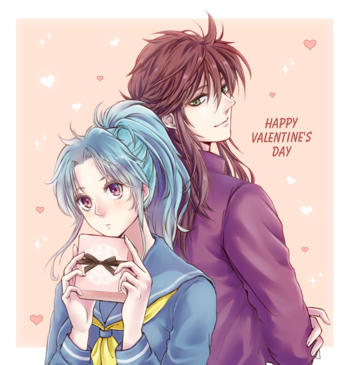 1boy 1girl blue_hair botan_(yu_yu_hakusho) closed_mouth commentary_request gakuran happy_valentine heart holding kurama_(yu_yu_hakusho) looking_back neckerchief parted_bangs ponytail red_hair school_uniform sidelocks smile sparkle upper_body yellow_neckerchief yuri_kohi yuu_yuu_hakusho