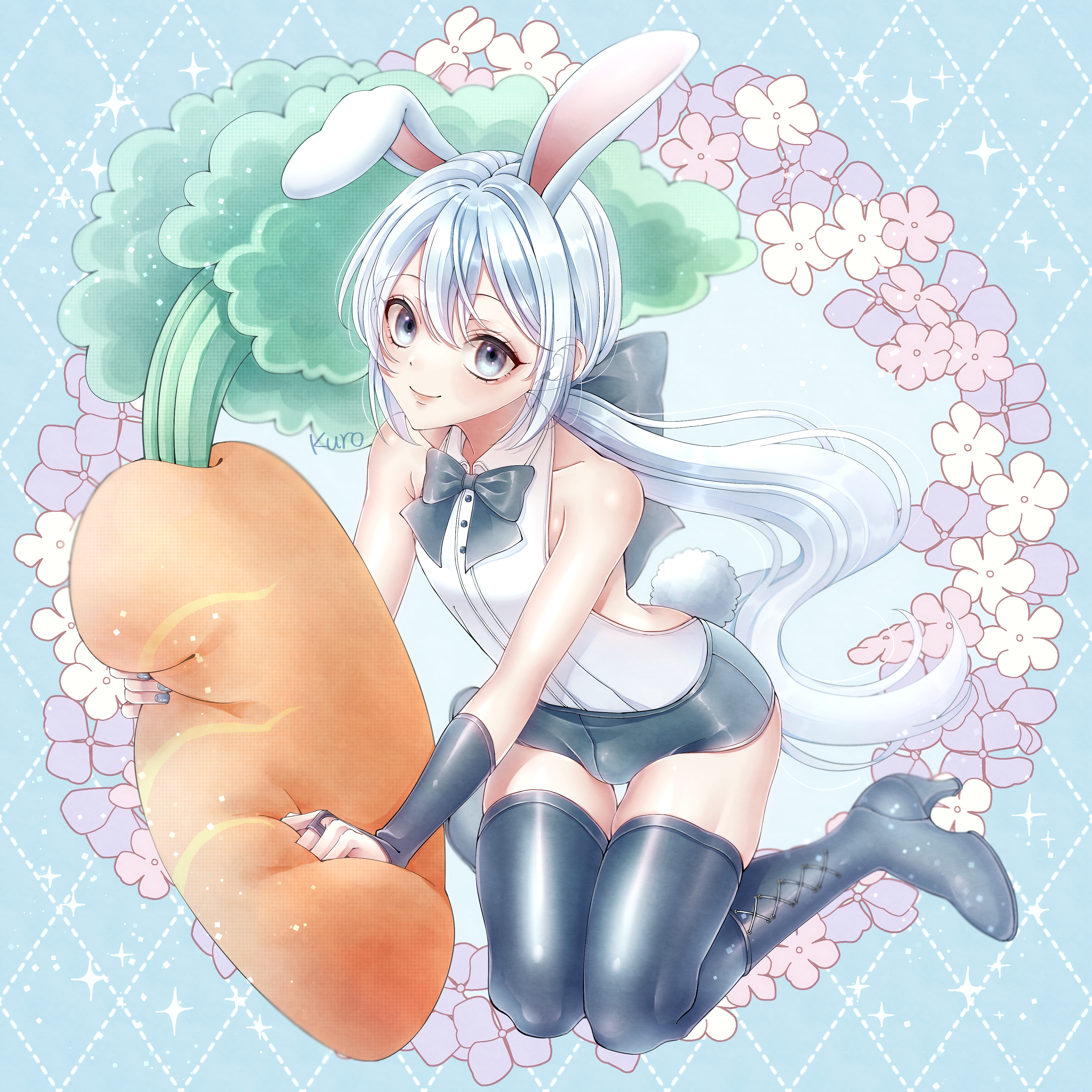 1boy absurdres androgynous animal_ears bare_shoulders black_boots black_bow black_bowtie black_bridal_gauntlets black_shorts black_thighhighs blue_background boots bow bowtie bridal_gauntlets bulge commentary_request crossdressing crossdressing_(mtf) dragon_quest dragon_quest_x floating_hair flower grey_eyes grey_nails hair_bow hero_(dq10) highres holding holding_stuffed_toy knees_together_feet_apart kuro11_222 long_hair looking_at_viewer low_ponytail male_focus male_playboy_bunny ponytail rabbit_boy rabbit_ears rabbit_tail shirt short_shorts shorts skindentation sleeveless sleeveless_shirt smile solo sparkle stuffed_carrot stuffed_toy tail thighhighs trap white_hair white_shirt