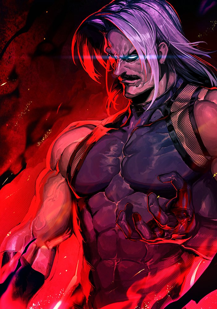 abs biceps black_gloves black_tank_top commentary_request earrings facial_hair gloves glowing glowing_eye hand_up jewelry medium_hair muscular muscular_male omega_rugal onono_imoko pectorals red_eyes rugal_bernstein silver_hair solo tank_top the_king_of_fighters veins white_eyes