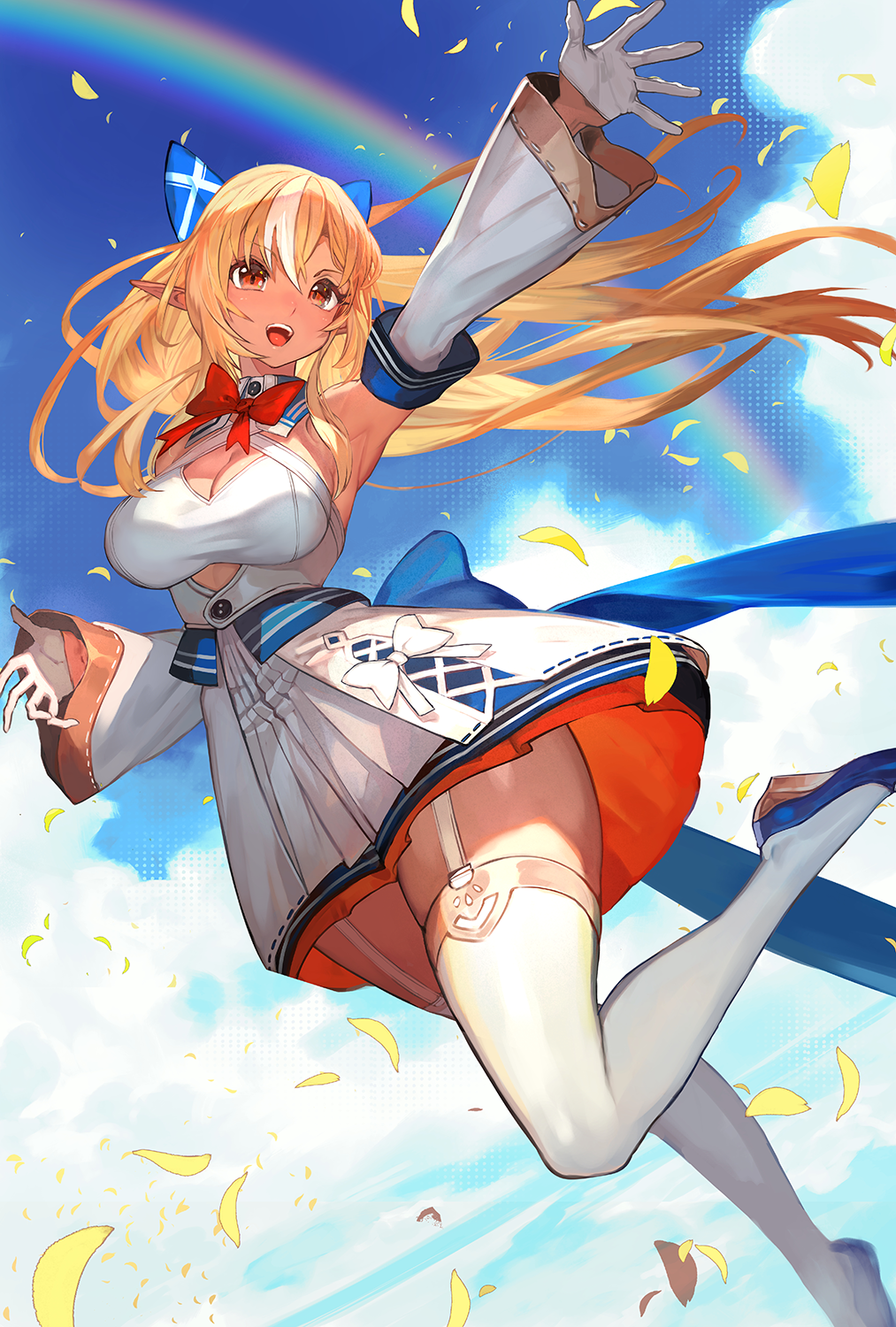 1girl armpits blonde_hair blue_bow bow breasts cleavage cleavage_cutout clothing_cutout dark-skinned_female dark_skin detached_sleeves garter_straps gloves hair_bow highres hololive lack long_hair medium_breasts multicolored_hair open_mouth petals pointy_ears ponytail rainbow red_eyes shiranui_flare shiranui_flare_(1st_costume) skirt smile solo streaked_hair teeth thighhighs upper_teeth_only virtual_youtuber white_gloves white_hair white_skirt white_thighhighs