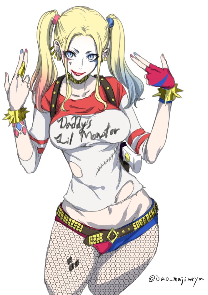 &gt;:) 1girl batman_(series) belt blonde_hair blue_eyes bracelet breasts choker clothes_writing collarbone cowboy_shot dc_comics earrings elbow_sleeve english_text female_focus fishnet_pantyhose fishnets groin hair_ornament harley_quinn isao jewelry lipstick long_hair looking_at_viewer makeup medium_breasts midriff_peek navel pantyhose parted_lips red_lips shirt short_shorts short_sleeves shorts smile solo spiked_bracelet spikes suicide_squad t-shirt torn_clothes torn_shirt twintails twitter_username v-shaped_eyebrows white_background